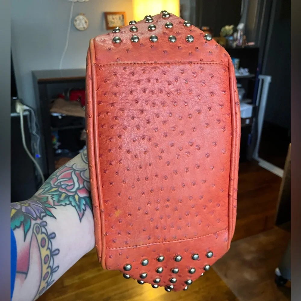 Expressions NYC Orange Faux Ostrich Studded Shoulder Bag Slightly Flawed - Picture 6 of 16